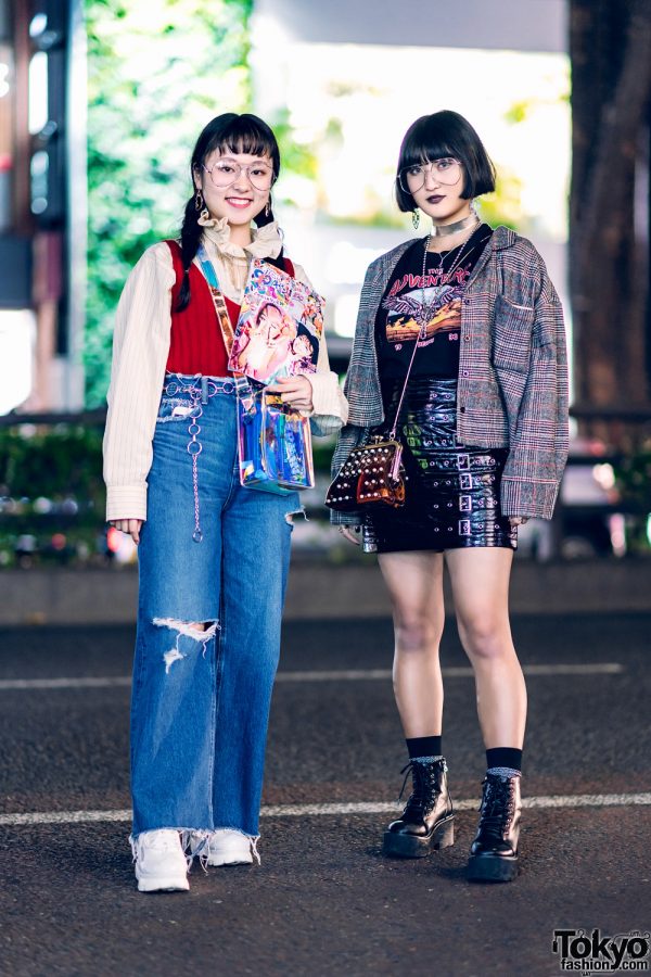 Japanese Girls Street Fashion w/ Aviator Glasses, Fashion Magazine, Vintage Ruffle Collar, Forever21 Plaid Jacket, Ripped Jeans & WEGO Footwear