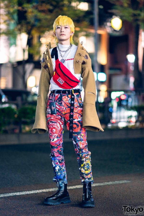 Charles Jeffrey Tokyo Streetwear Style w/ Painted Pants, Cropped Hooded Jacket, Yellow Hair, Vintage Waistbag, Eytys & JBCG