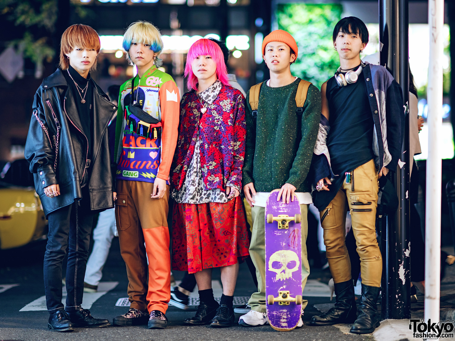 Tokyo Style Tribe w/ Pink Hair, MISBHV Leather Jacket, W< Sweatshirt, Saint Laurent Skirt, Carhartt Backpack & BlackMeans Pleather Pants