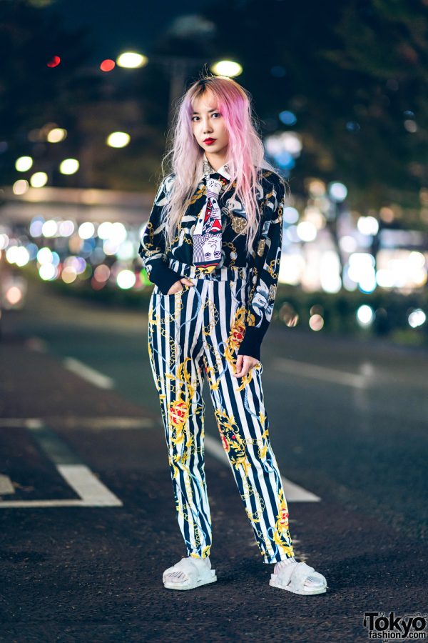 Tokyo Mixed Prints Street Style w/ Patterned Jacket, Striped Pants & Vintage Fashion