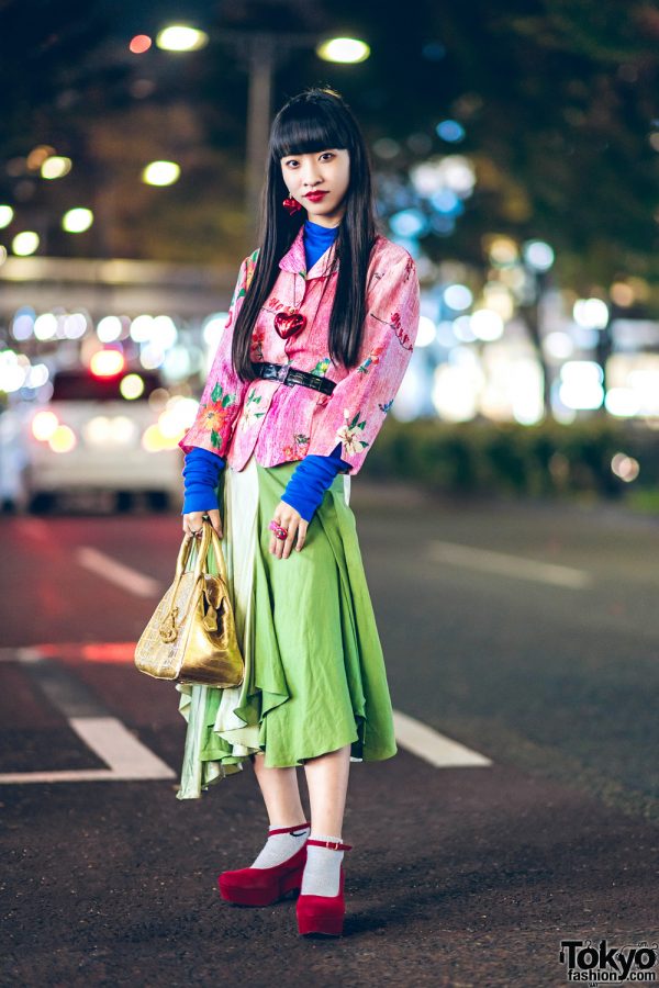 Pink Floral Top & Green Asymmetrical Skirt in Harajuku w/ Wasteland, New York Joe & Vivienne Westwood