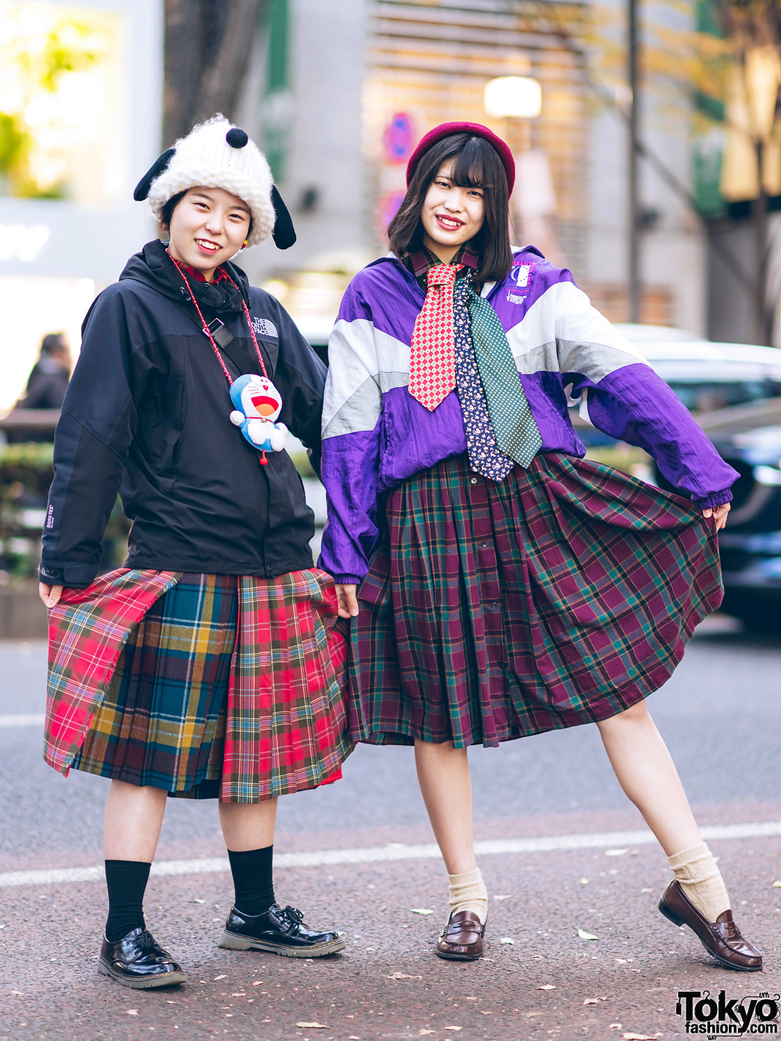 Harajuku Girls' Plaid Styles w/ Snoopy Hat, Doraemon Case, The North Face Jacket, Neckties & Coach Crossbody Bag