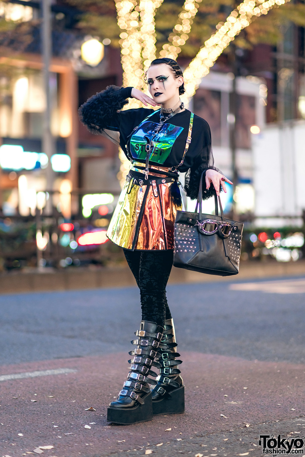 Harajuku Goth Girl Street Style w/ Holographic Romper, Multi-Strap Boots, Leather Harness, Stray Girl Street, Club Exx, Demonia & Listen Flavor