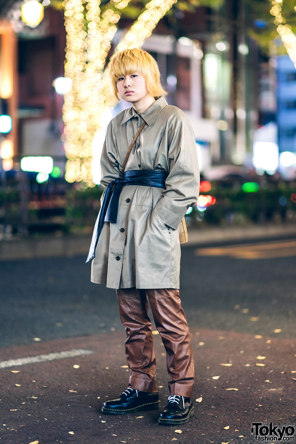 Harajuku Street Style w/ Blond Hair, Belted Coat, Calvin Klein, Dr. Martens, & Donna Karan