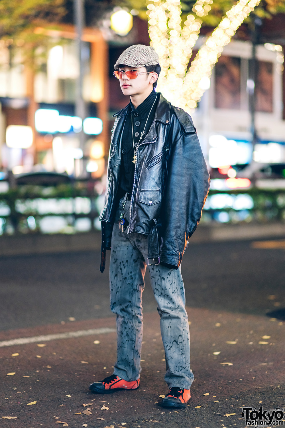 Harajuku Teen Street Style w/ Newsboy Cap, Motorcycle Jacket, Levi's Printed Jeans & Diesel Sneakers