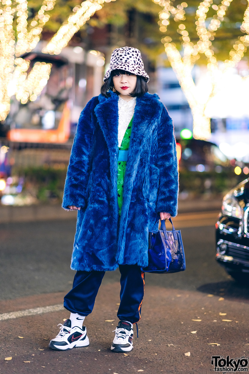 Tokyo Faux Fur Coat Street Style w/ Leopard Hat, Jouetie Maxi Coat, Embroidered Tunic, Kappa, Nike & Kenzo Tote