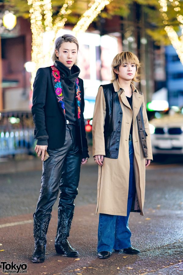 Tokyo Mens Styles w/ Paul Smith Floral Trim Blazer, Helmut Lang Pleather Pants, Vest Over Tan Coat, Carhartt & Pointy Boots