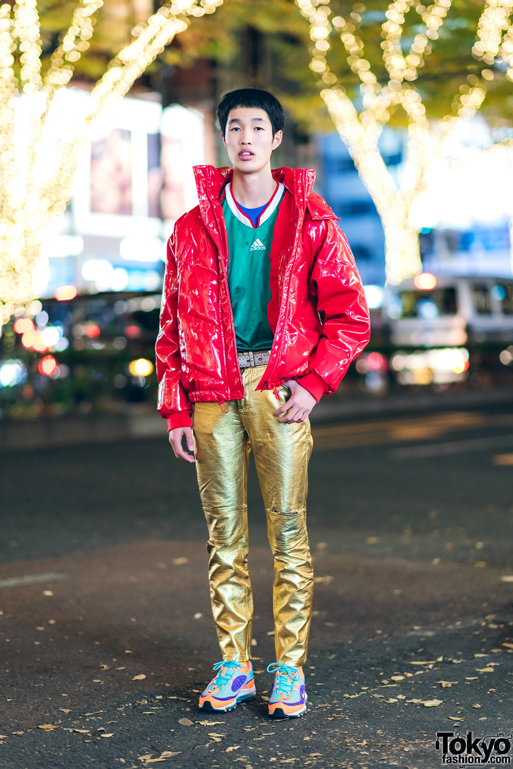 Tokyo Streetwear Style w/ Red Vinyl Jacket & Vintage Gold Pants