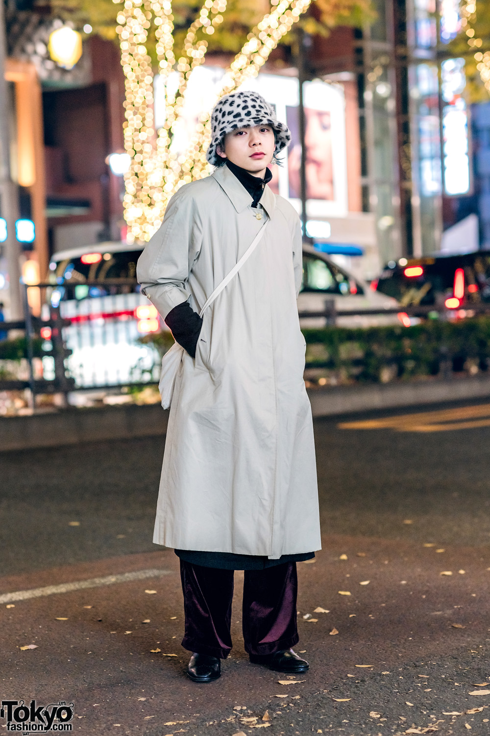 Harajuku Menswear Street Style w/ Burberry Coat, Velvet Pants, Leopard Print Hat & YSL Wingtip Shoes