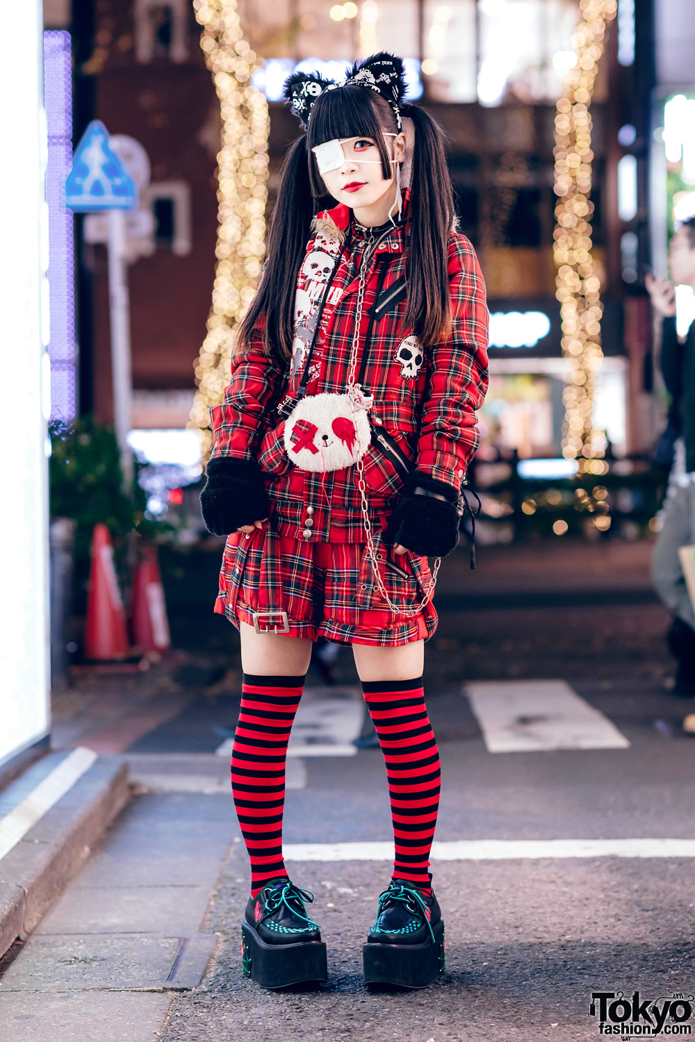 Harajuku Goth Girl in Red Plaid Street Fashion w/ Twin Tails, Cat Ears, Mad Punks Jacket, Hangry&Angry, Super Lovers & Yosuke