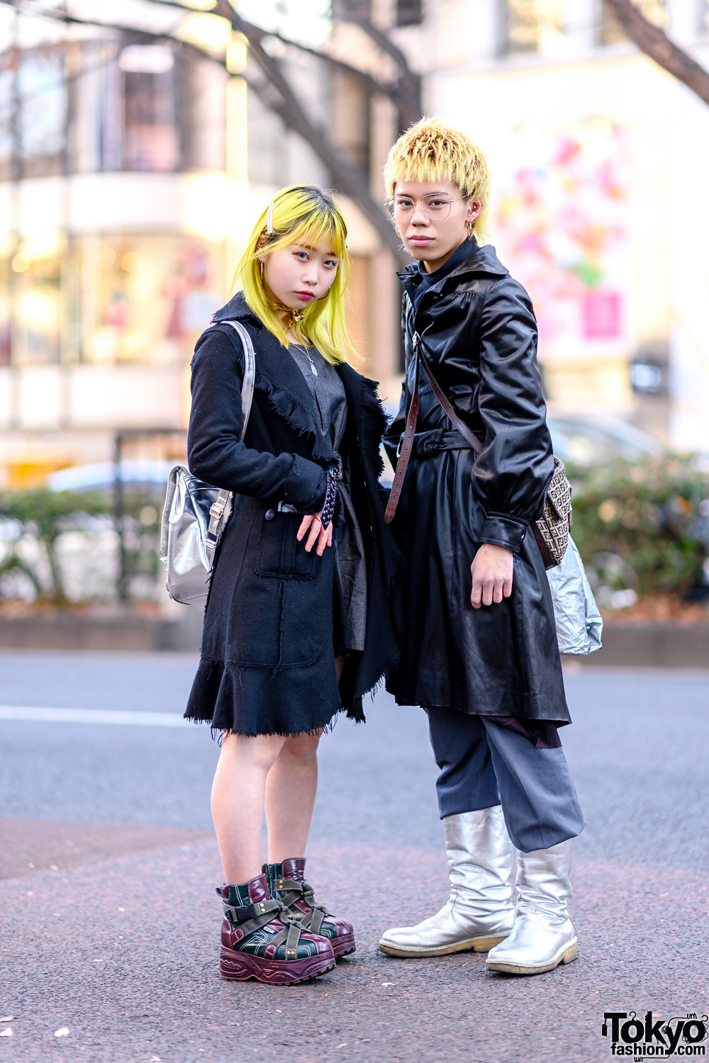 Tokyo Duo's Streetwear Styles w/ Yellow Hair, Frayed Coat, Denim Dress, Strap Boots, Belted Coat, Silver Boots & Fendi Crossbody Bag
