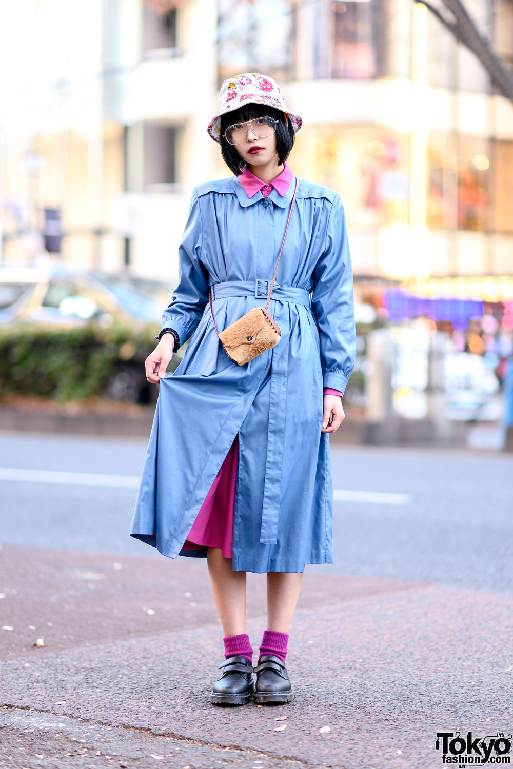 Harajuku Street Style w/ Handmade Bucket Hat, Belted Maxi Coat, Dr. Martens Velcro Strap Shoes & Furry Crossbody Bag
