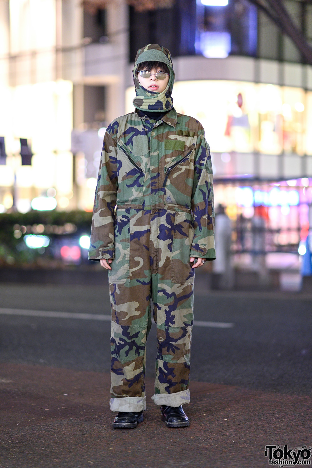 Camouflage Streetwear Style in Harajuku w/ Cuffed Overalls, Matching Camo Head Gear & Leather Boots