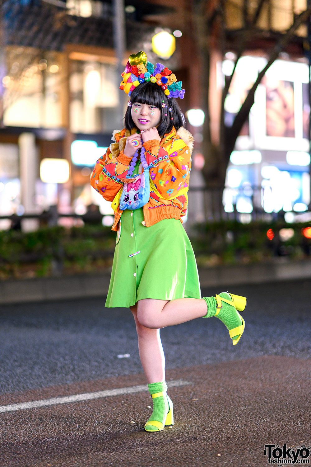 Colorful Tokyo Street Style w/ Handmade Rainbow Plushie Headdress, Furry Bear Muffler, Neon Green Dress & Pom Pom Bag