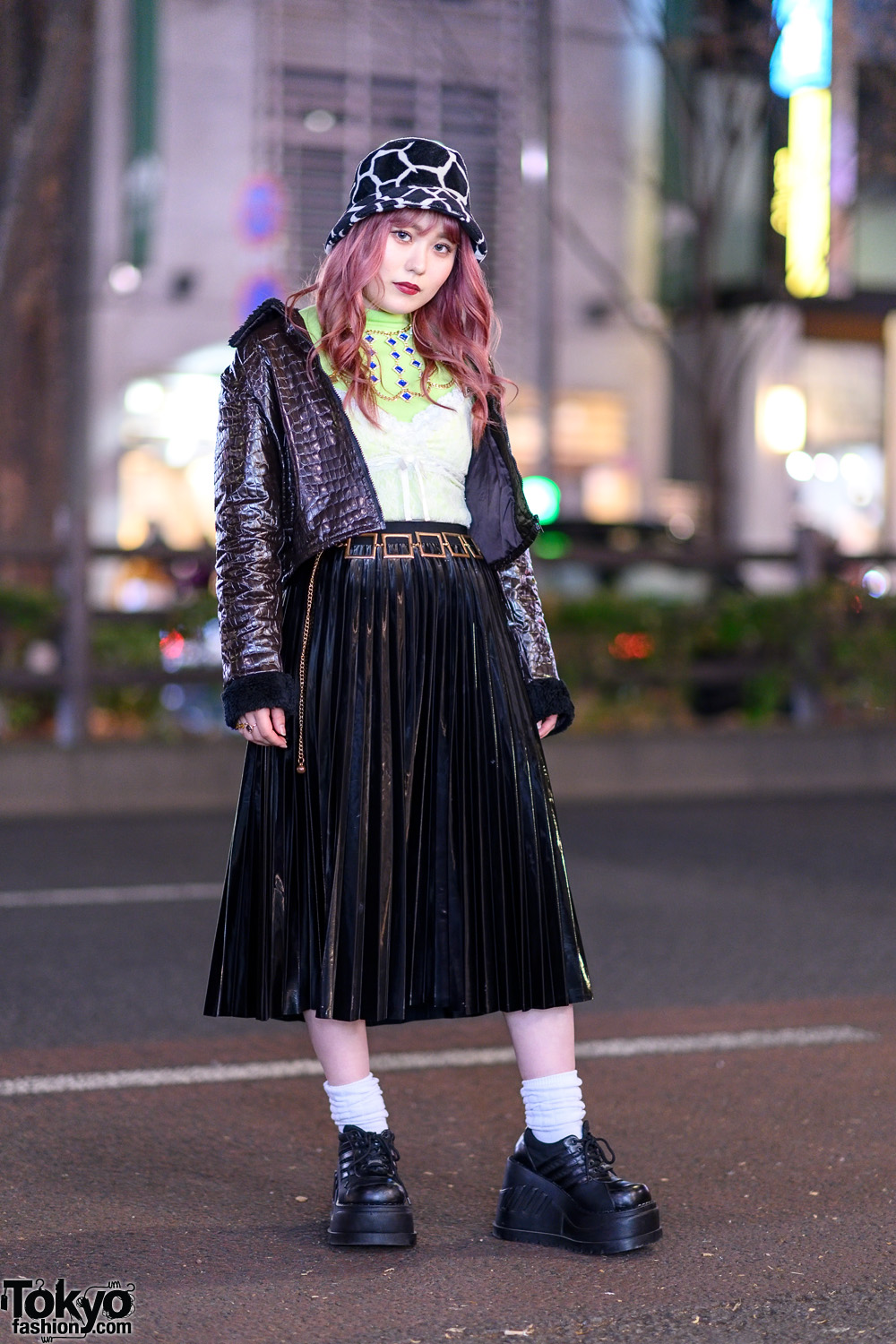 Chic Harajuku Street Style w/ Pinnap Cropped Jacket, Gallerie Lace Cami, Pleated Skirt, Vidakush Necklace & Demonia Platforms