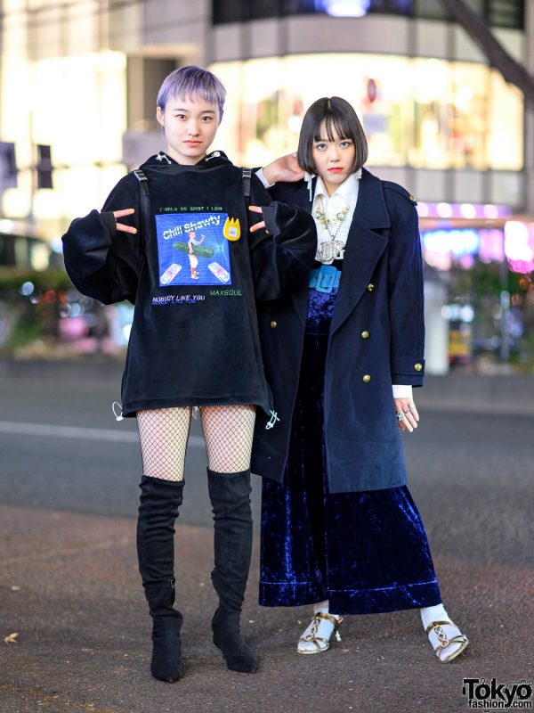 Girls in Harajuku w/ Purple Hair, Open The Door Hoodie, Zara Thigh Boots, Vintage Coat, Crushed Velvet Jumpsuit, (ME) Harajuku & Prada Backpack