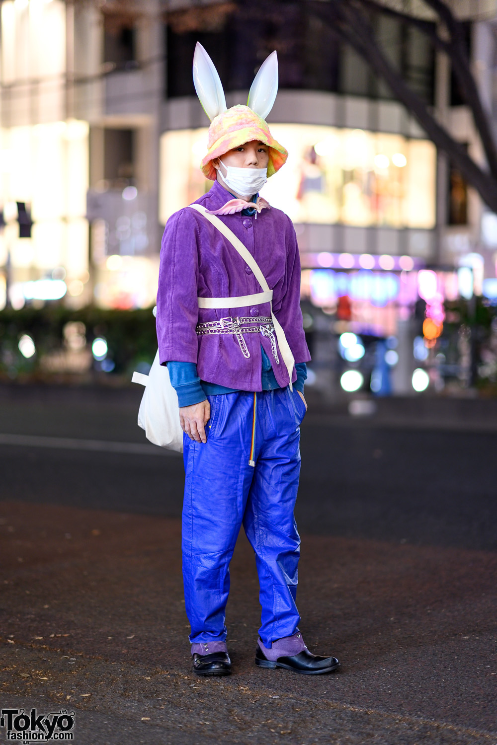 Resale Harajuku Street Style w/ Bunny Ears, Corduroy Jacket, Faux Leather Pants, Layered Belts & Yohji Yamamoto Bag