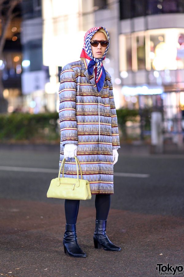 Harajuku Guy’s Streetwear Style w/ YSL Headscarf, Vaquera NYC Coat, Sunglasses, White Gloves & Heeled Boots