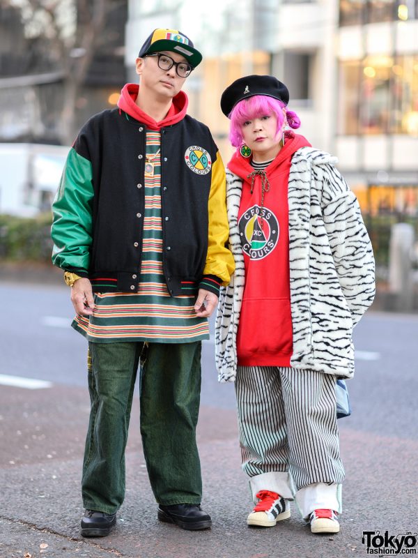 Tokyo Cross Colours Streetwear Styles w/ Pink Hair, Vintage Furry Coat, Ewing, Blacklist, Kangol & Adidas Sneakers