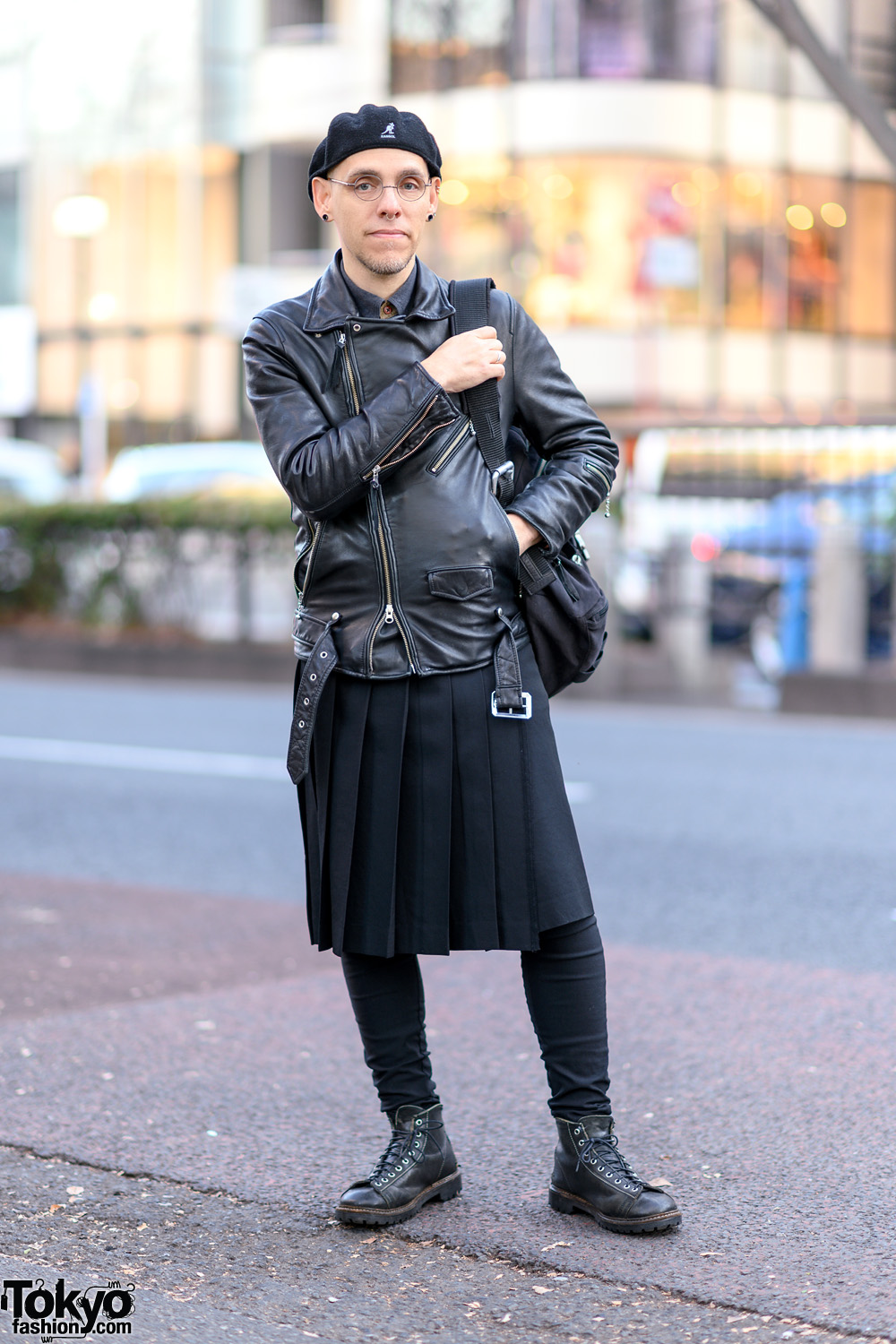 All Black Harajuku Street Style w/ Kangol Beret, Nano Universe Leather Jacket, Yohji Yamamoto Kilt & Vintage Chippewa Boots