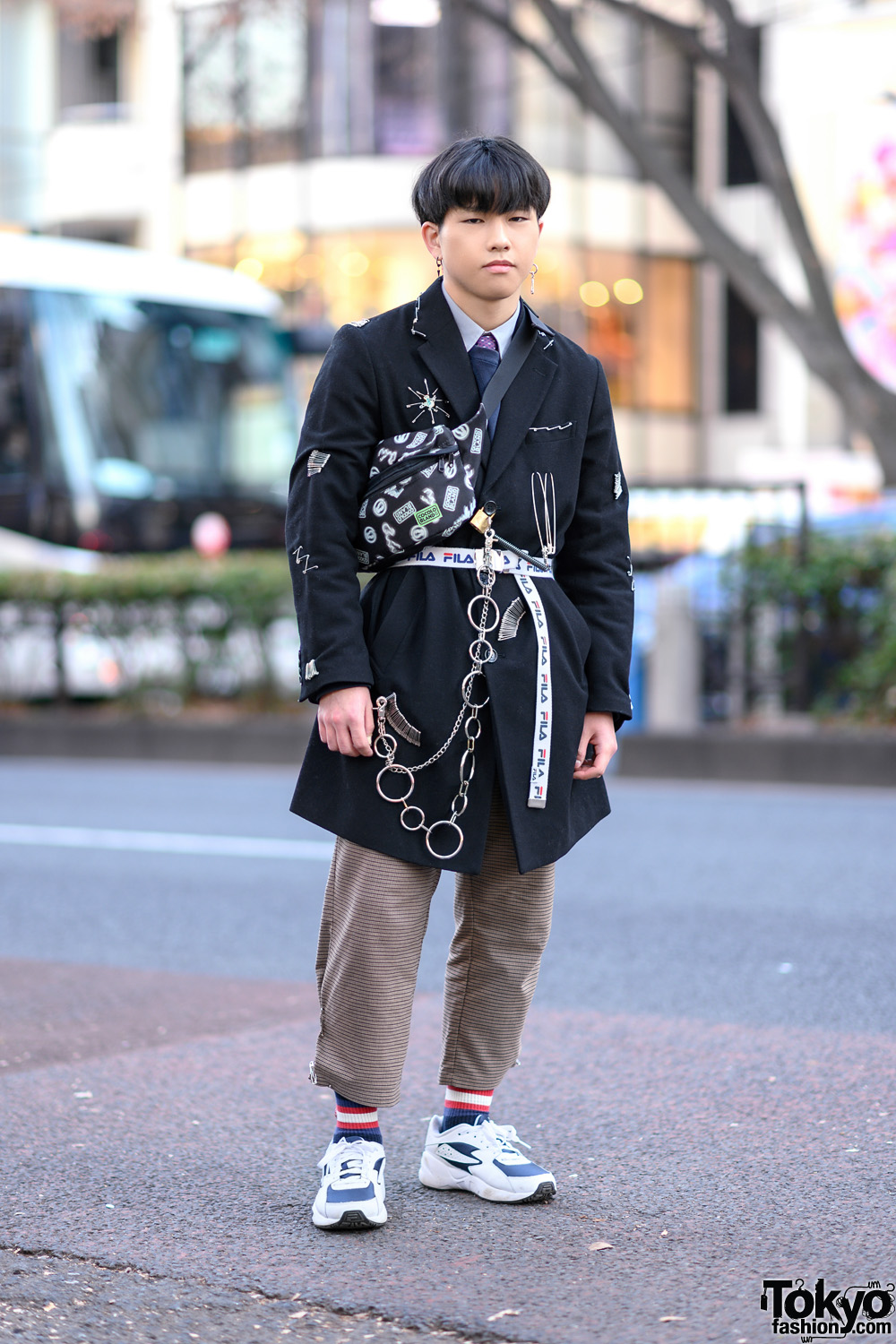 Tokyo Street Style w/ GU Embellished Coat, Houndstooth Pants, Gucci Socks, Rivers Pia, Cocolo Bland Waist Bag & FILA Sneakers