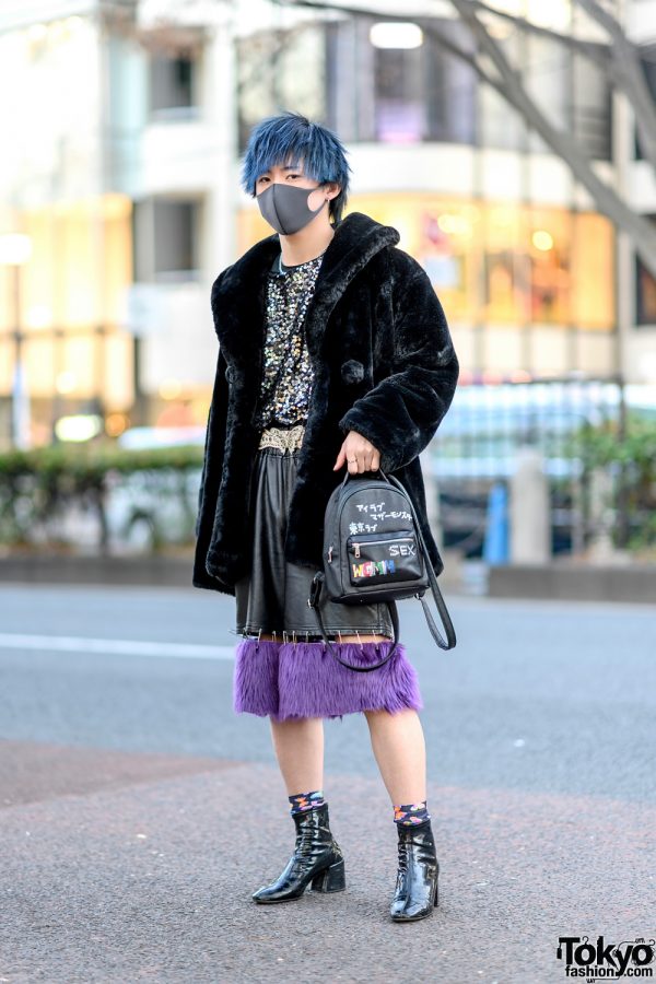 Furry Remake/Handmade Streetwear in Harajuku w/ Faux Fur Coat, H&M Sequin Top, Pleather Shorts w/ Fur Cuffs, Poco A Poco & Bershka Boots