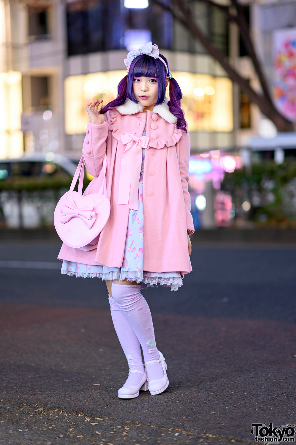 Kawaii Japanese Street Style in Harajuku w/ Twin Purple Tails, Angelic Pretty Ribbon Coat, Jumper Dress, Yumetenbou Baby Doll Shoes & Heart Bag