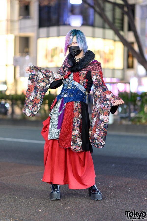 Qutie Frash Kimono Style in Harajuku w/ Pink-And-Blue Hair, Face Mask, Multi-Print Kimono, Corset Belt, Wide Leg Pants & Platform Boots