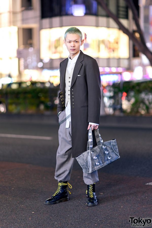 Tokyo Menswear w/ Green Hair, Jean Paul Gaultier Long Coat, Comme des Garcons, Linen Pants & Dr. Martens Boots