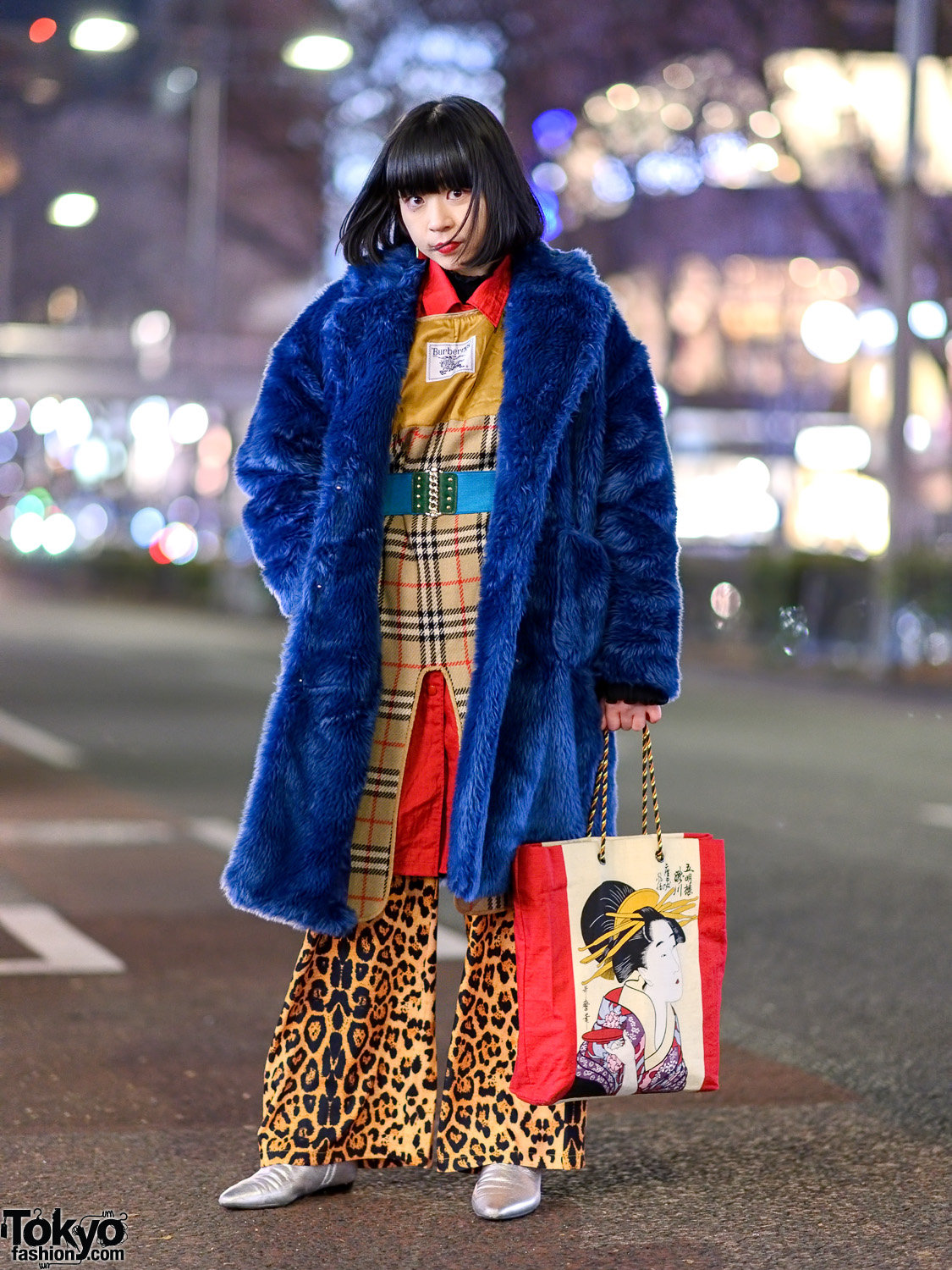 Bold Colorful Tokyo Streetwear Style w/ Jouetie Faux Fur Coat, Leopard Flared Pants, Geisha Print Bag & Zara Pointy Flats