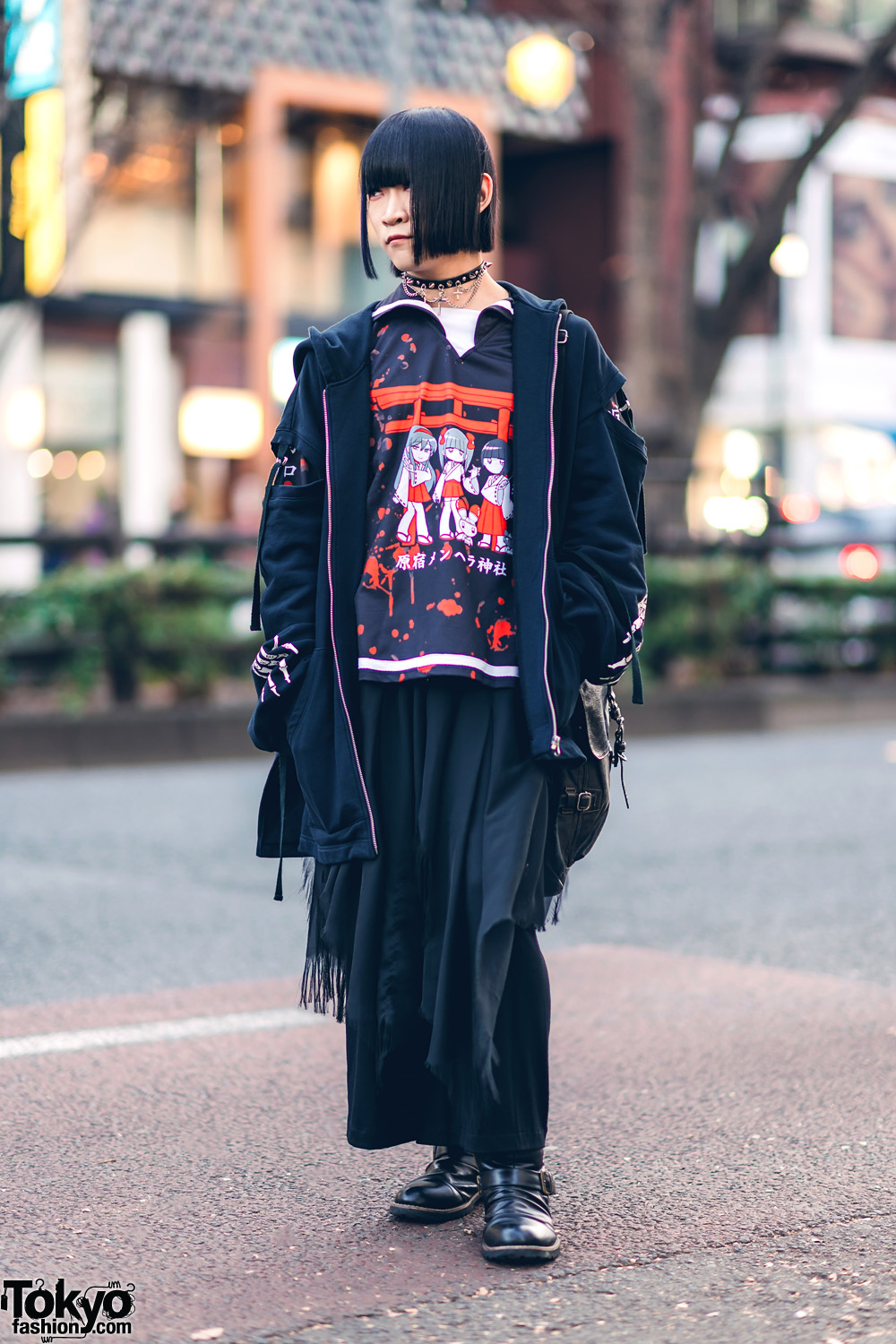 All Black Harajuku Streetwear w/ Blunt Bob, Spike Choker, Cutout Jacket, Graphic Print Sweater, Wide Leg Pants, Buckle Boots & Shoulder Bag
