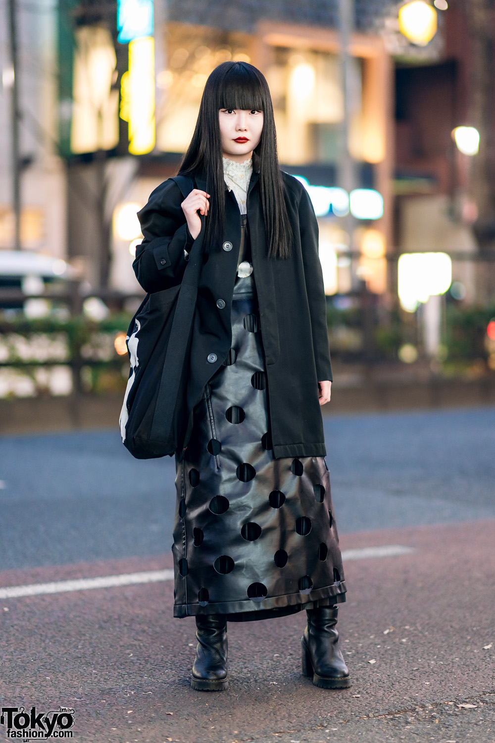 Monochrome Japanese Street Style w/ Comme des Garcons Cutout Dress, Yohji Yamamoto, Vivienne Westwood & Dr. Martens