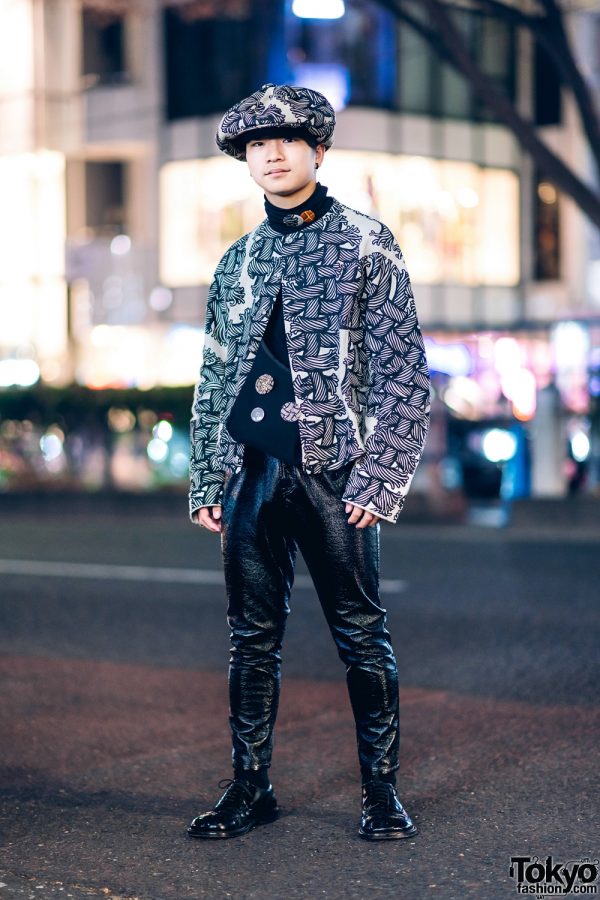Christopher Nemeth Harajuku Street Style w/ Rope Print Jacket, Beret & Vintage Patent Pants