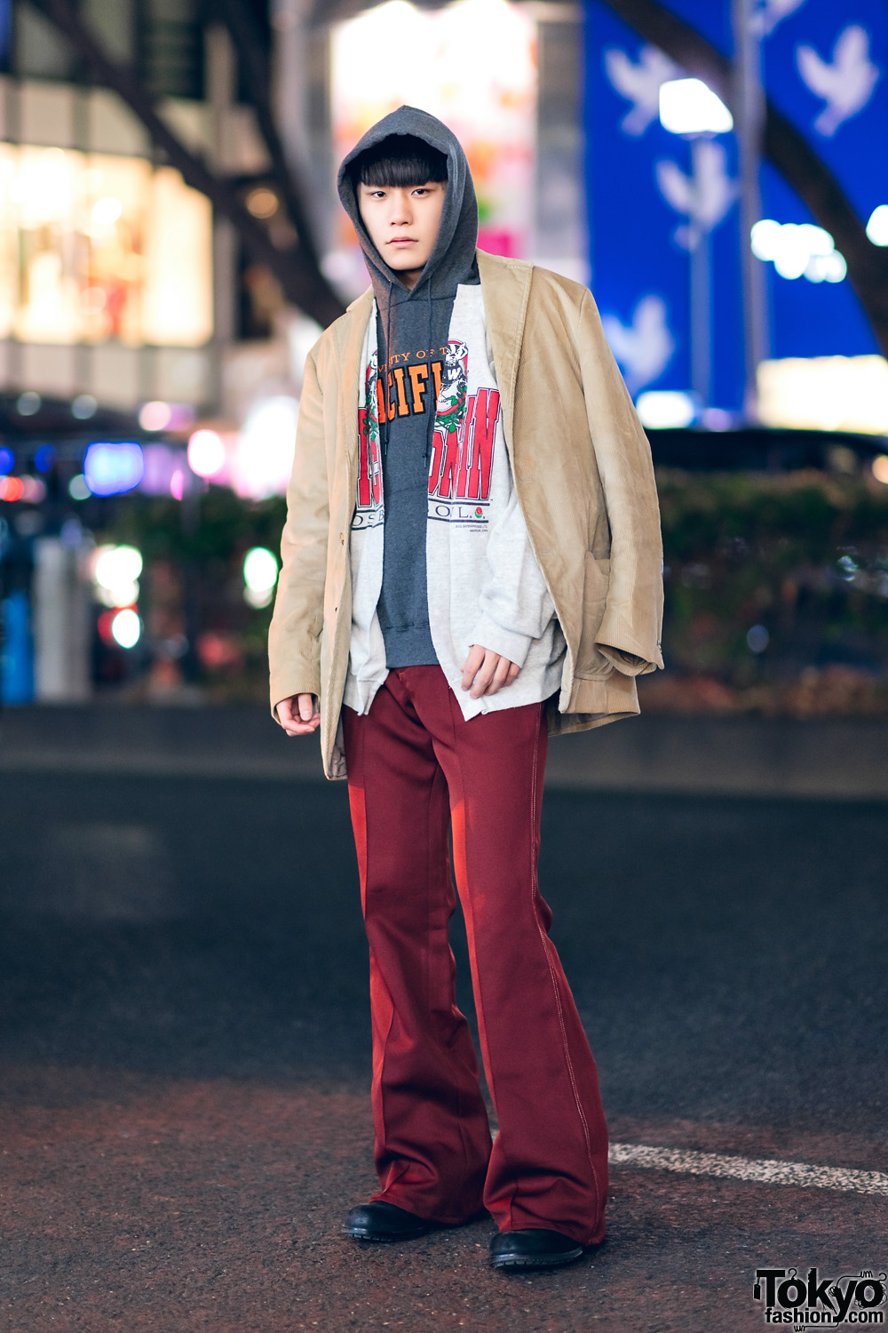 Tokyo Layered Street Style w/ Corduroy Blazer, University of the Pacific Hoodie, The Elephant Collarless Jacket, Lee Flared Pants & Leather Shoes