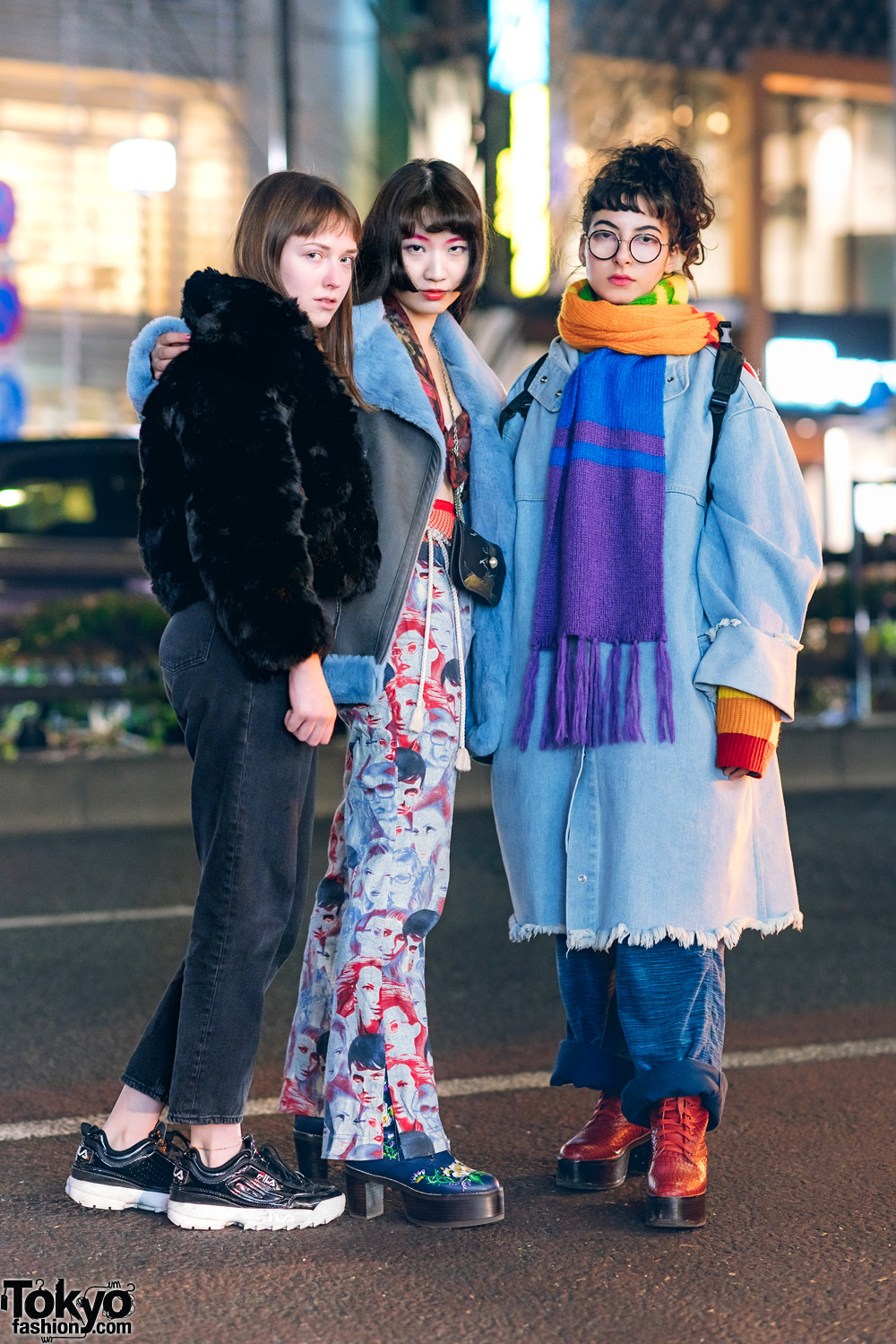 Harajuku Girls Street Fashion w/ Burberry Furry Coat, Heurueh Shearling Jacket, Second Street Denim Coat, Barrack Room, Otoe, Daniel Wellington, Fila & Murral