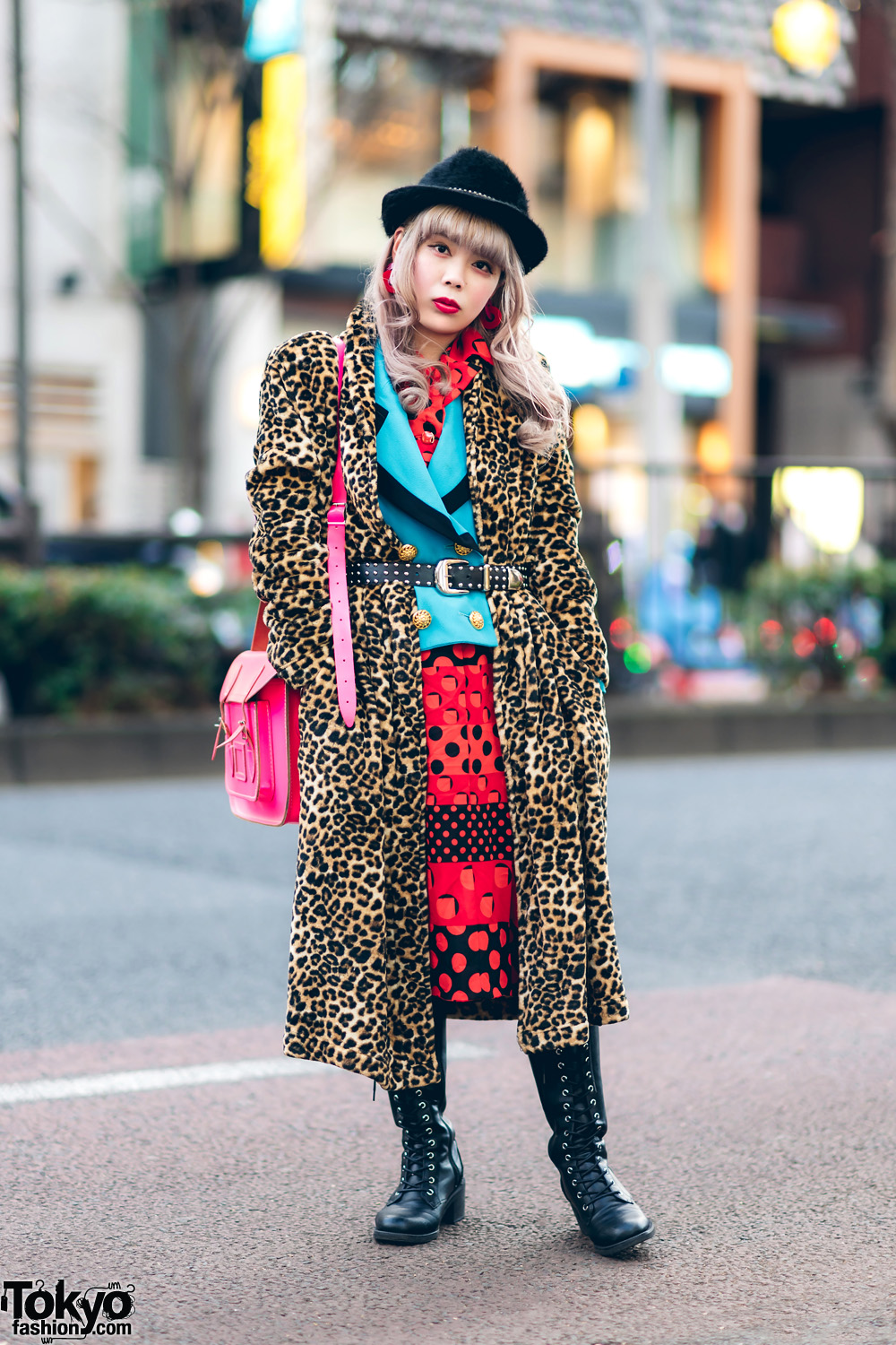 Kinji Shimokitazawa Staffer in Mixed Prints Fashion w/ Leopard Print Maxi Coat, Polka Dot Dress, Aqua Blazer, Esperanza Knee Boots, Furry Fedora & The Cambridge Satchel Company Bag