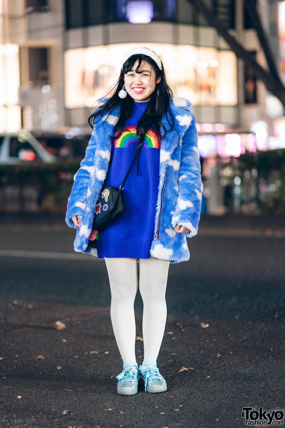 Blue Harajuku Street Style w/ Cloud Print Furry Coat, Lazy Oaf Rainbow Sweater Dress, Puma Sneakers & Anna Sui Crossbody Bag