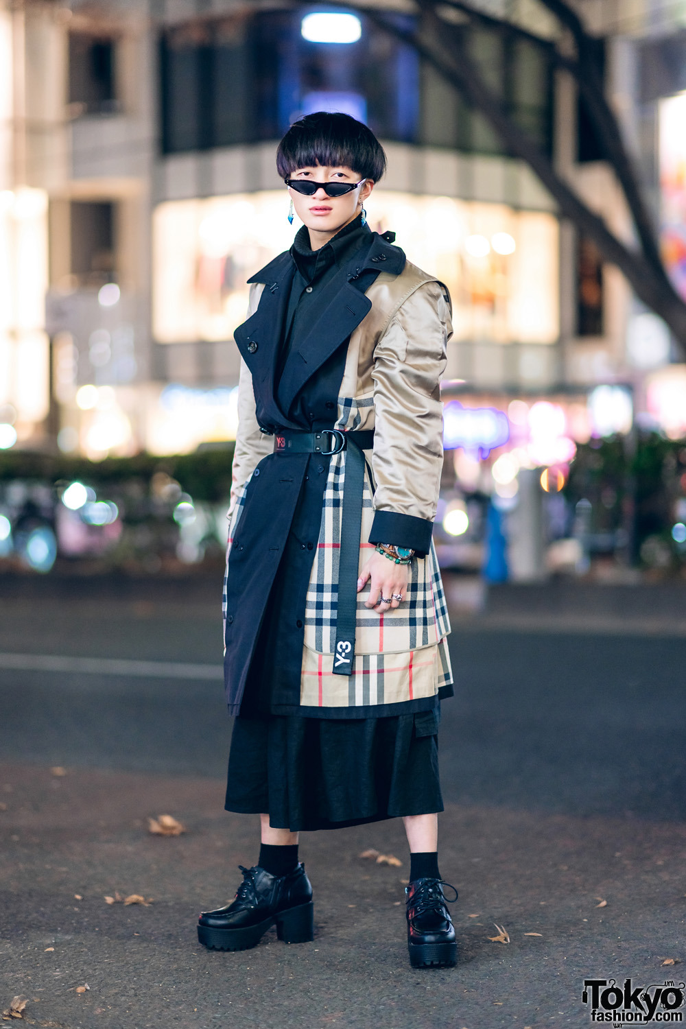 Plaid Menswear Street Style in Harajuku w/ Blunt Bob, Burberry Coat, Y-3 Belt, Saad Pointy Glasses, Lowrys Farm Skirt & Yosuke Platforms