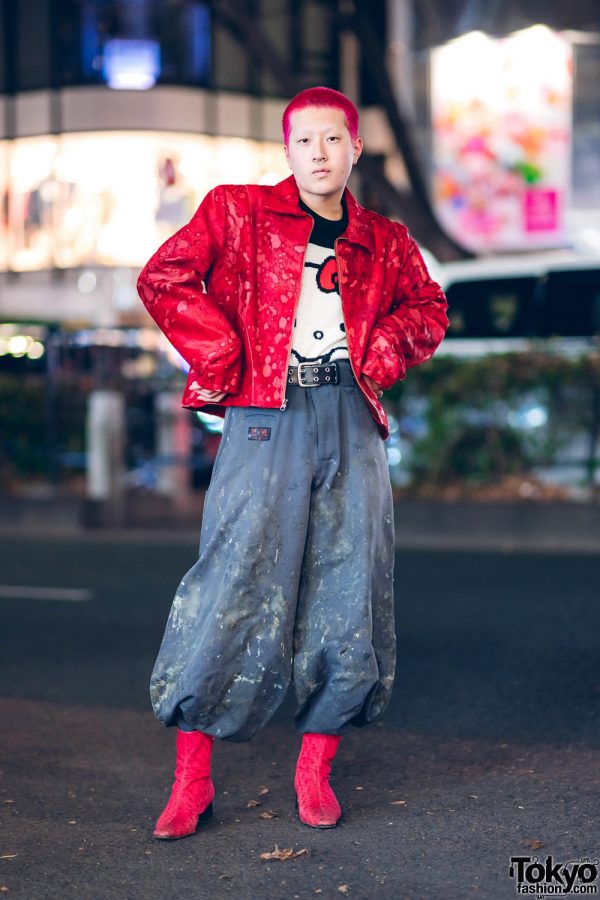 Harajuku Street Style w/ Red Hair, Japanese Nikka Pokka Pants, Contena Store Jacket, Hello Kitty Sweater & Red Boots