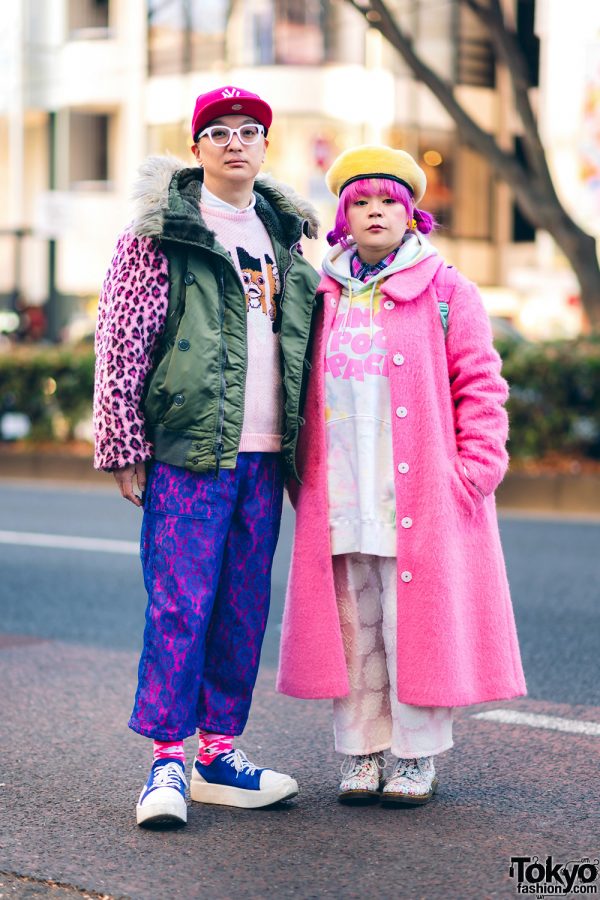 Tokyo Couple Street Style w/ Pink Braids, Smiley Face Earrings, Nincompoop Capacity Lace Overlay Pants, Candy Stripper Furry Coat, Hoodie Sweater, JanSport Backpack, Tokyo Bopper Sneakers & Dr Martens Boots