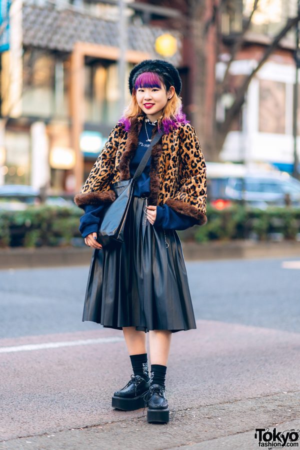 Tokyo Leopard Print Street Style w/ Faux Fur Hat, Purple & Blue Hair, Oh Pearl, Yosuke & Vintage Fashion
