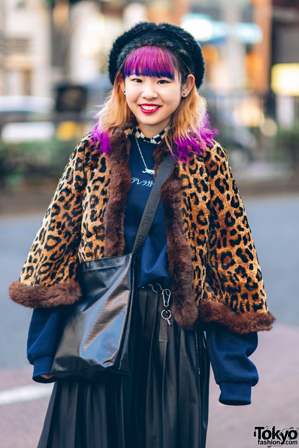 Tokyo Leopard Print Street Style w/ Faux Fur Hat, Purple & Blue Hair ...