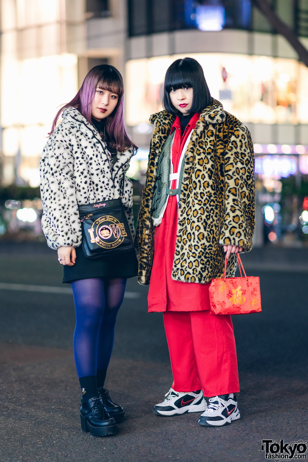 Chic Harajuku Girls Street Styles w/ Purple Hair, Animal Print Coats, H&M, Uniqlo, Romantic Standard, Jouetie, Yosuke, Nike Air Monarch IV Sneakers & Betty Boop Handbag