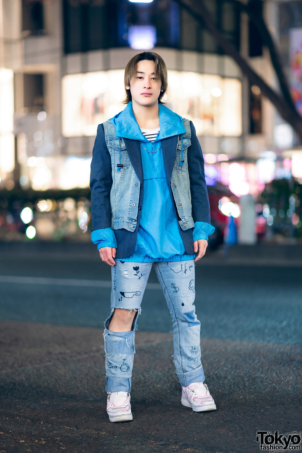 Tokyo Street Style w/ Denim Vest, Hoodie Sweater, Cutout Jeans & Sneakers