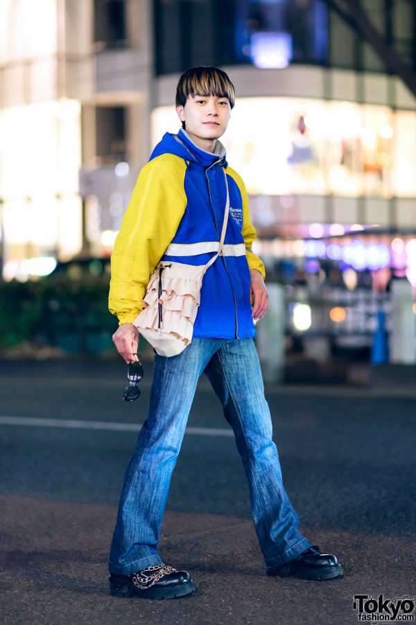 Casual Tokyo Street Style w/ Ellesse Jacket, Dark Denims, New Rock Chain-Trim Shoes & Casselini Ruffle Bag