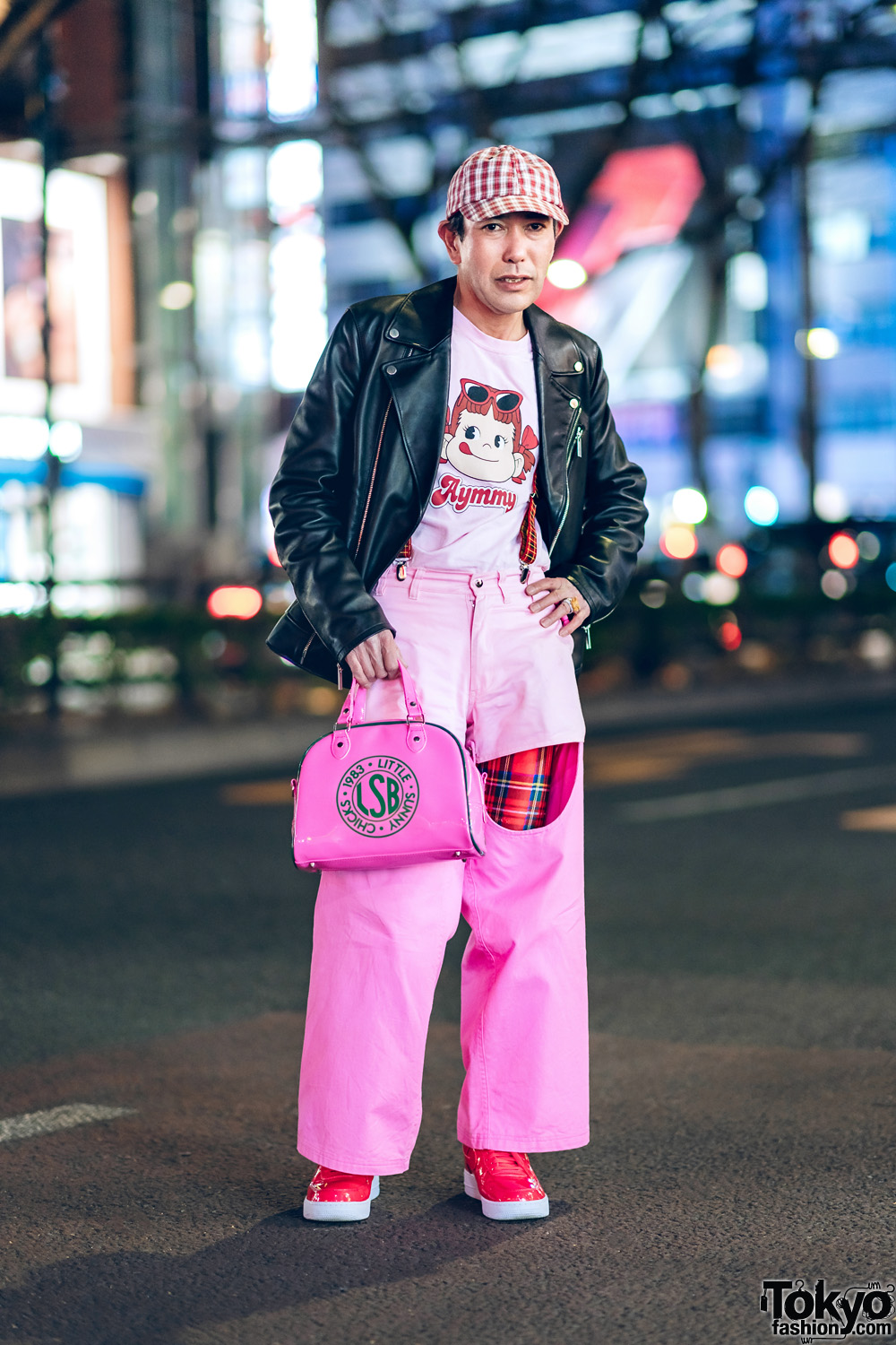 Harajuku Street Style w/ Calvin Klein Leather Jacket, Aymmy in the Batty Girls, Plaid Suspenders, X-Girl, Pinnap, Little Sunny Bite & Nike Sneakers