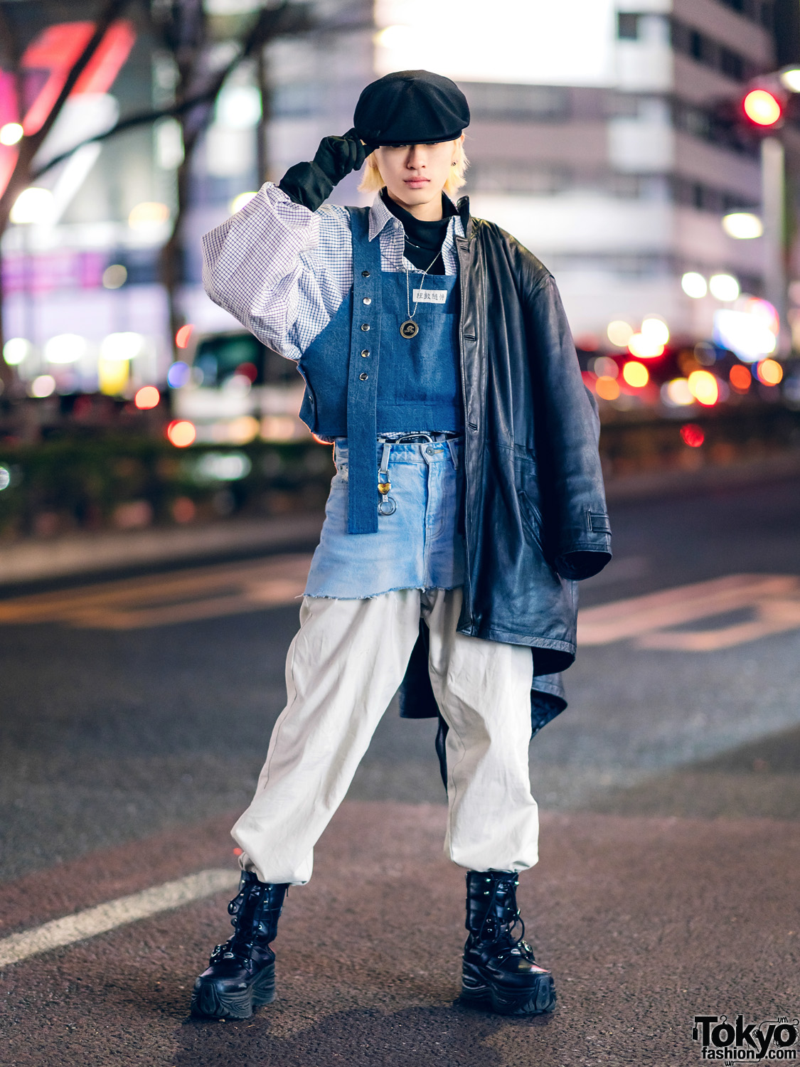 Harajuku Layered Street Style w/ Newsboy Cap, Leather Coat, Denim Skirt Over Parachute Pants, Black Gloves & Yosuke Boots