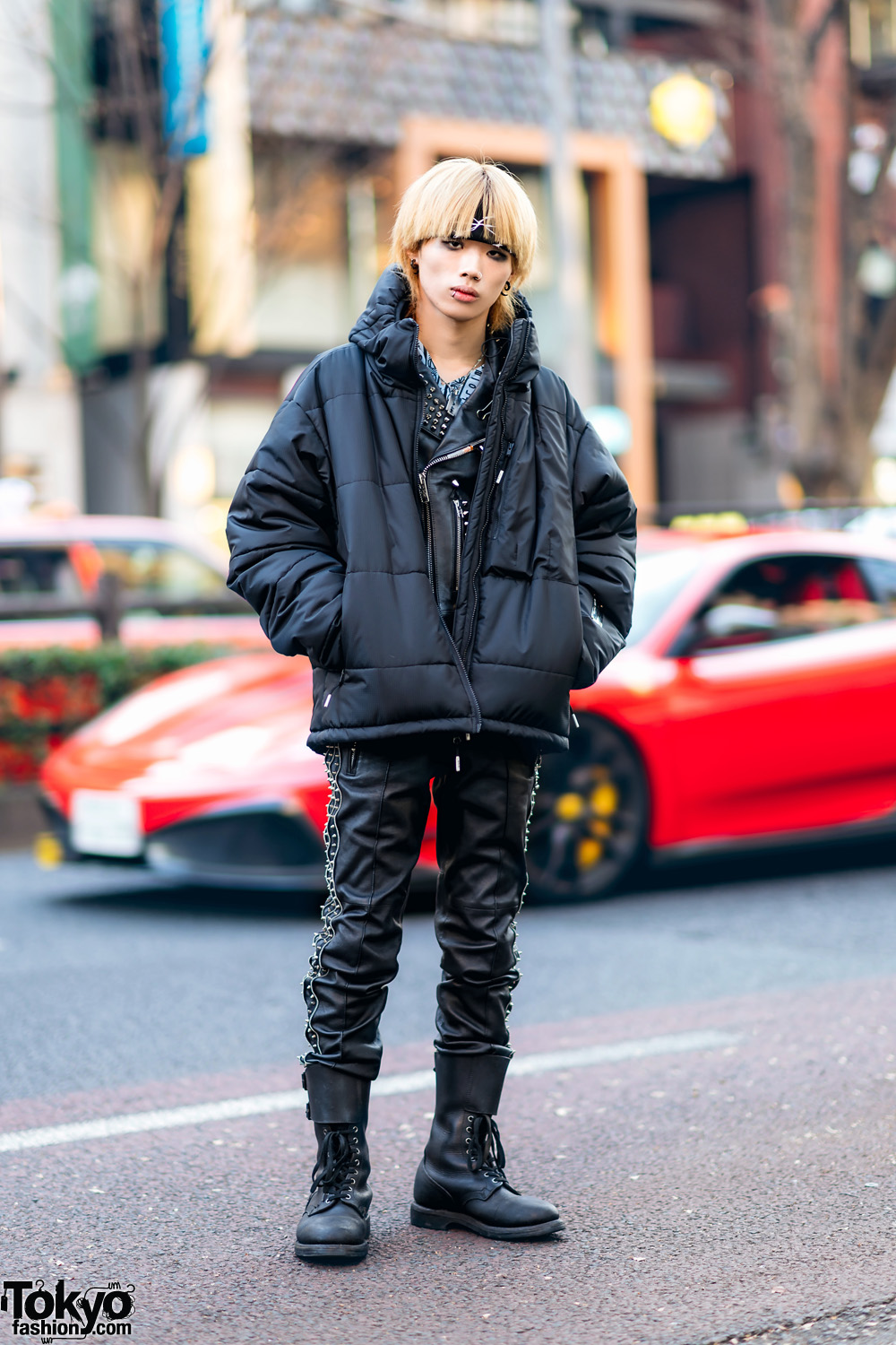 All Black 99%IS- Street Style w/ Blond Hair, Studded Leather Jacket, Leather Pants, Puffer Jacket & Vintage Boots