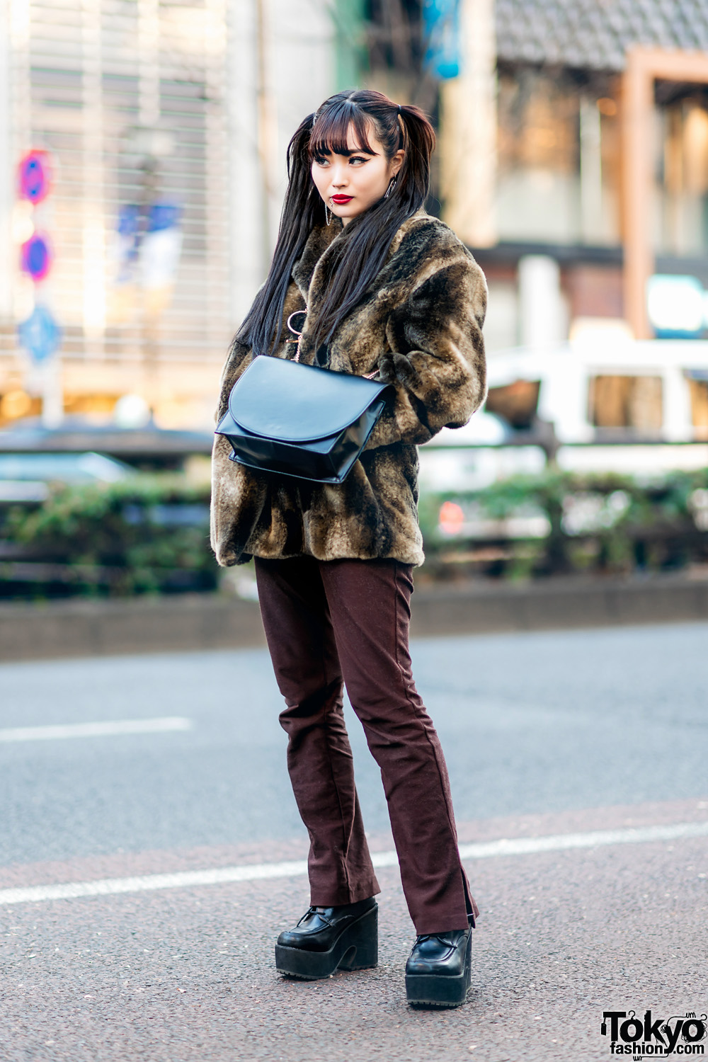 Chic Tokyo Streetwear Style w/ Twin Tails, Lip-To-Ear Chain, Faux Fur Jacket, Leather Flap Bag & Platform Booties
