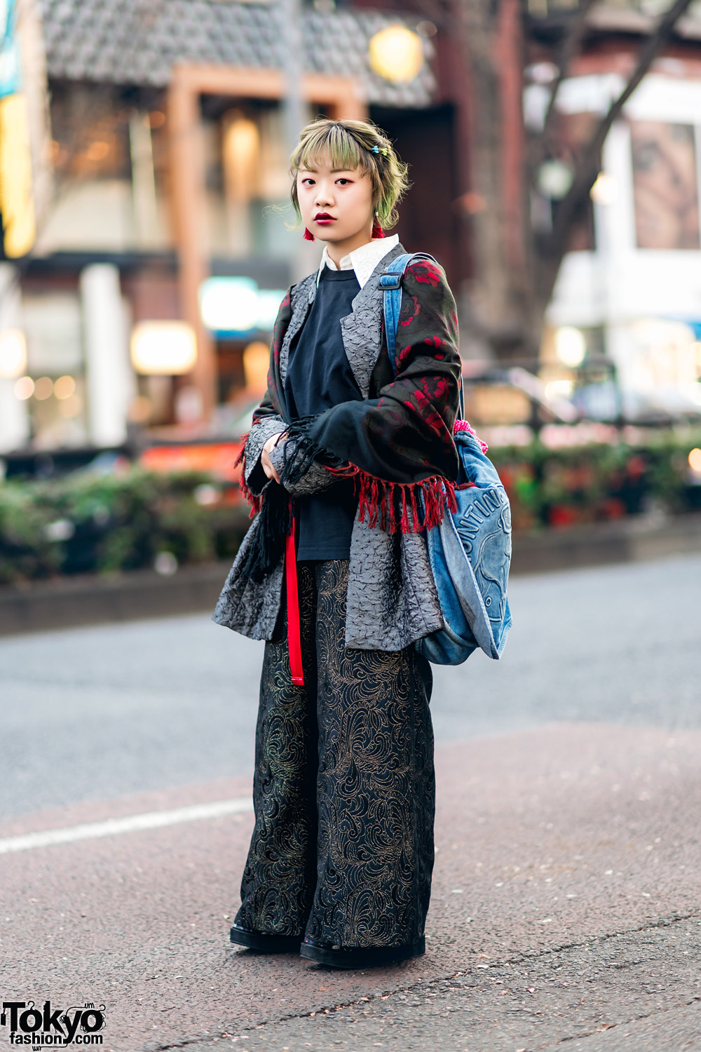Vintage Jacket & Wide Embroidered Pants Street Style w/ Green Hair, Floral Print Scarf, Hunting World, Yosuke & WEGO